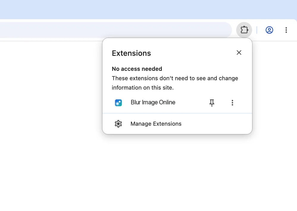 The Chrome extensions menu is open and Blur Image Online is listed with a pin button next to its name.